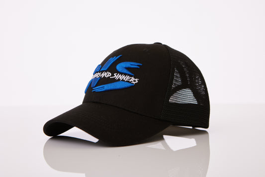 Black&Blue Winners&Sinners Swoosh Logo Mesh Trucker Hat