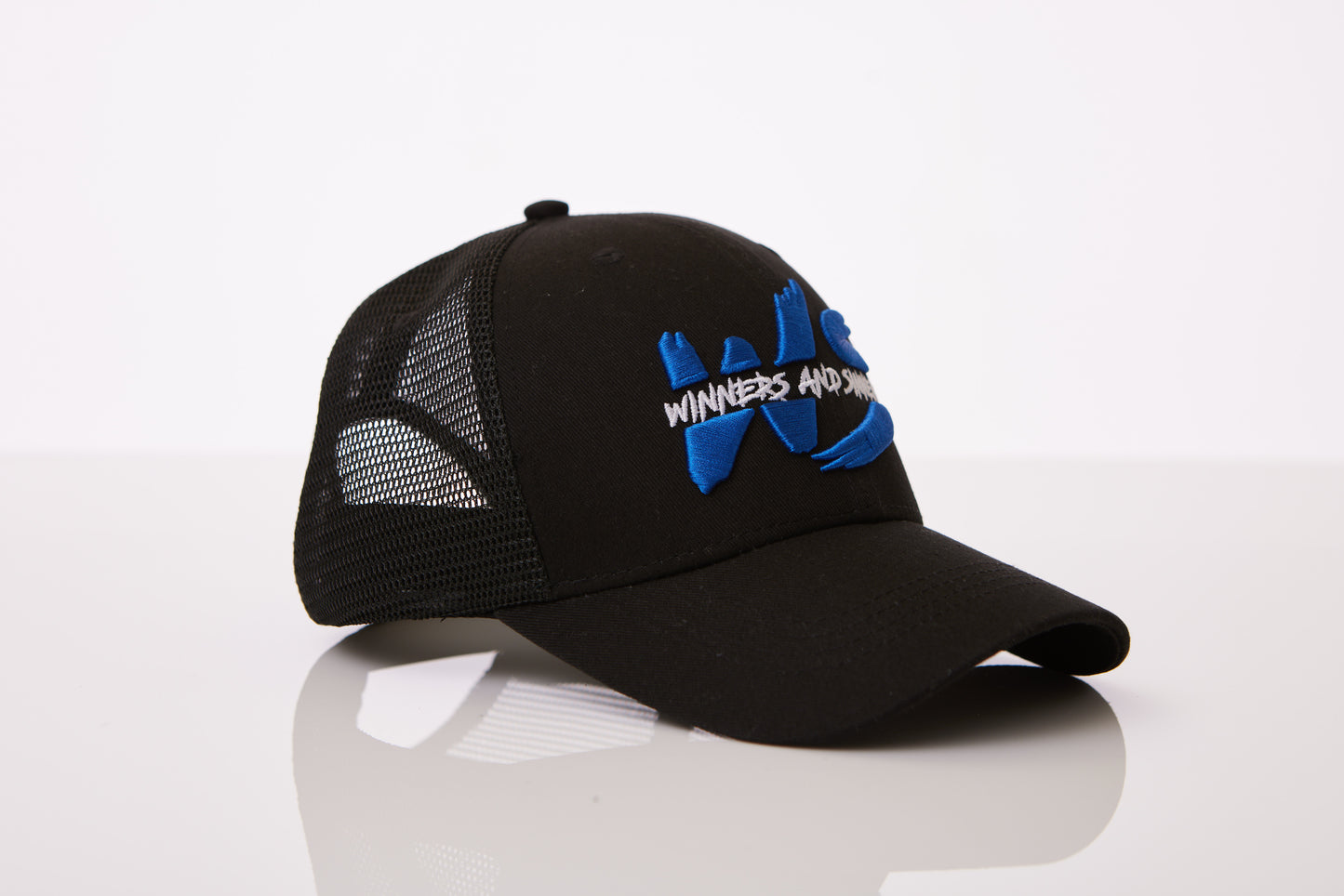 Black&Blue Winners&Sinners Swoosh Logo Mesh Trucker Hat