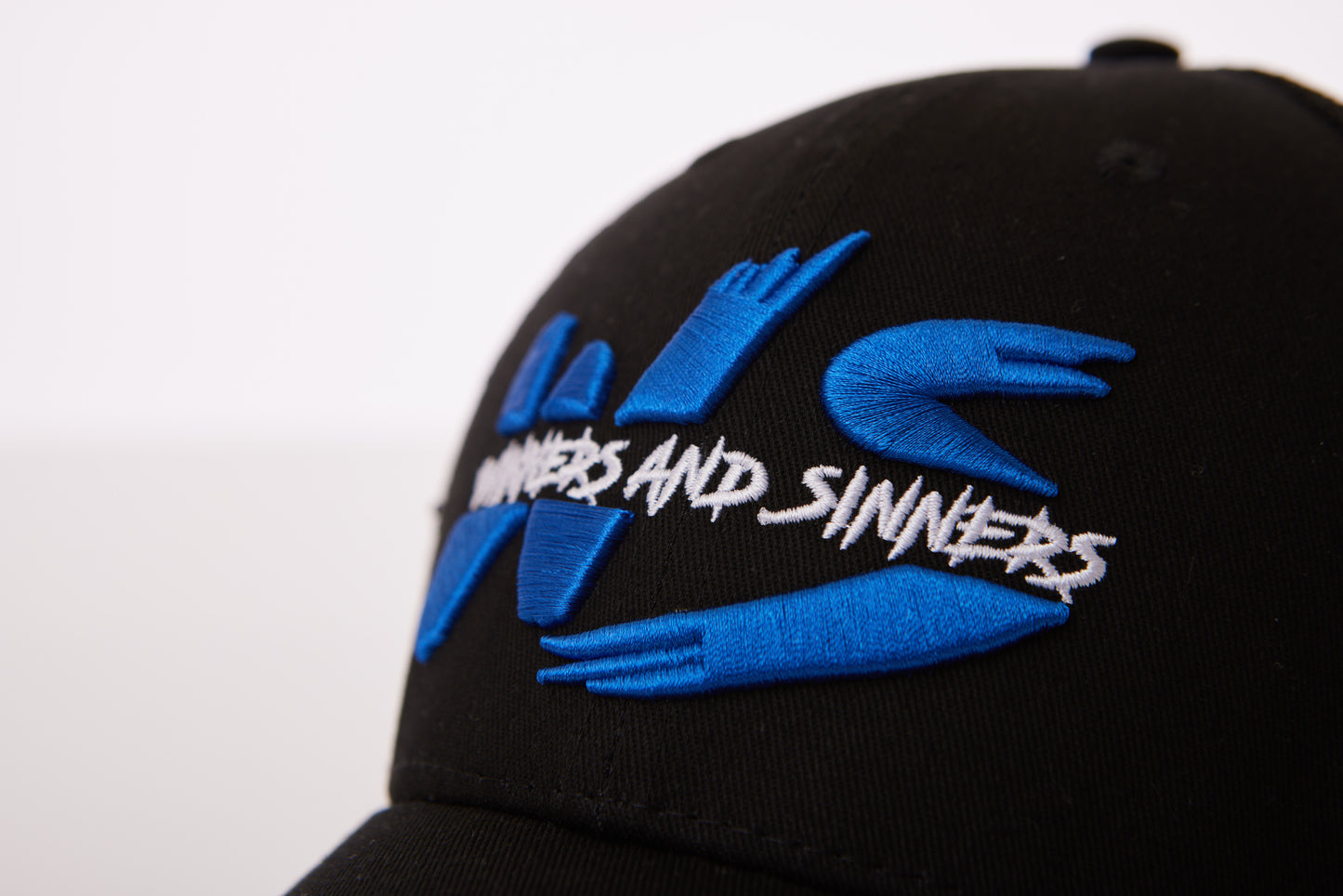 Black&Blue Winners&Sinners Swoosh Logo Mesh Trucker Hat