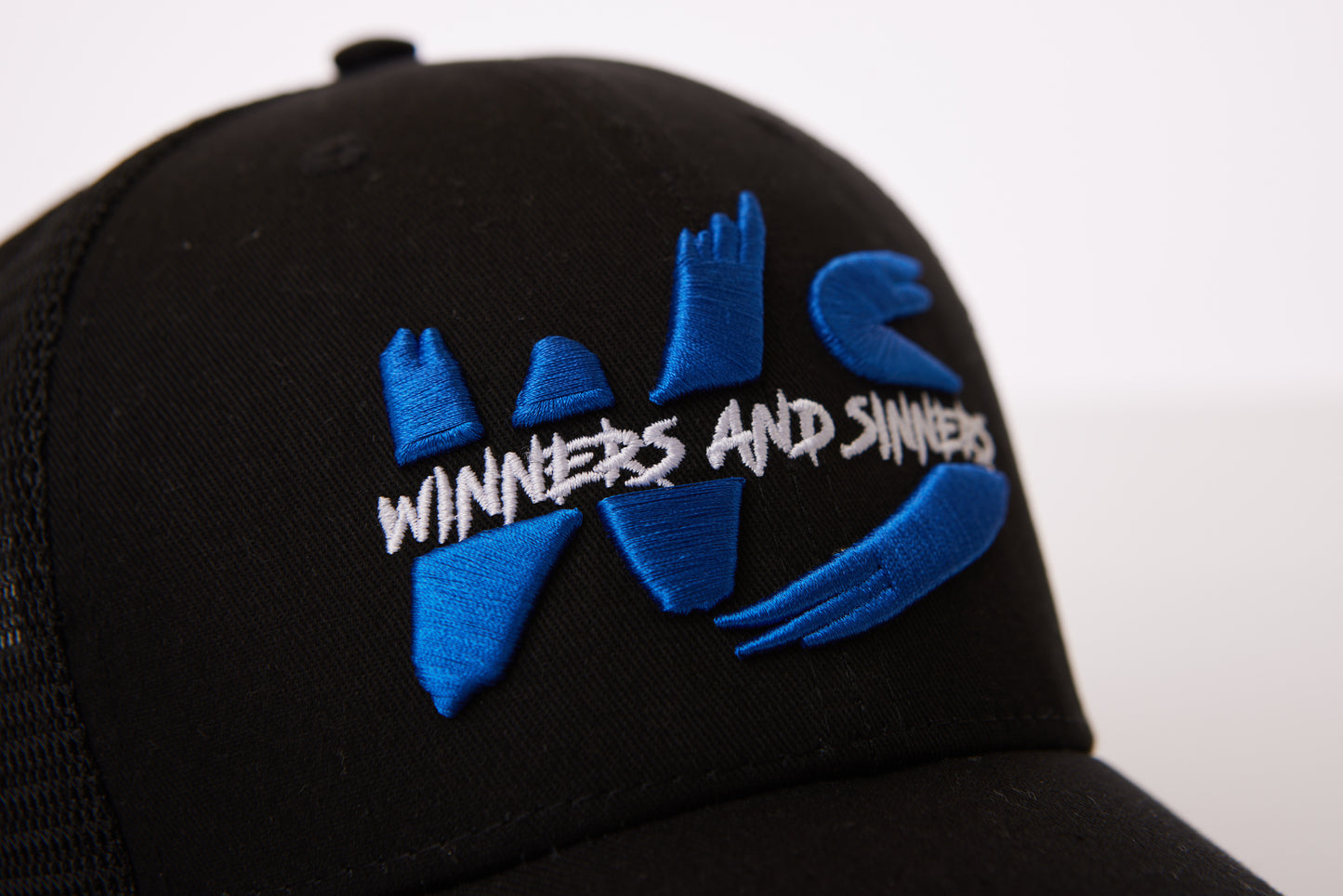 Black&Blue Winners&Sinners Swoosh Logo Mesh Trucker Hat